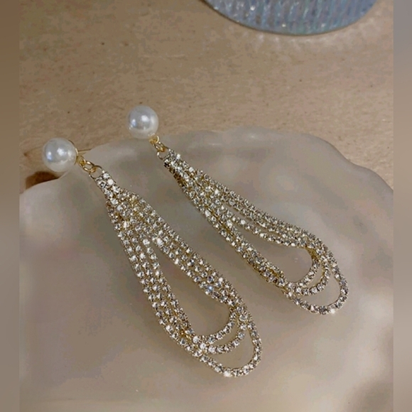 Vintage Glamourous Pearl Long Pave Set Crystal Water Drop Earrings - Picture 3 of 15